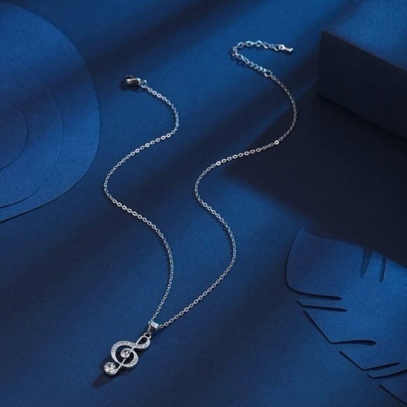 Rhinestone Treble Clef Charm Necklace Silver Plated Music Note - Picture 3 of 6